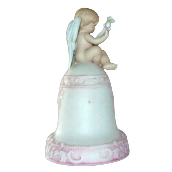 Bisque Porcelain Angel Music Box "Love Me Tender" Bell Pink Heart Enesco Vintage - Picture 2 of 9